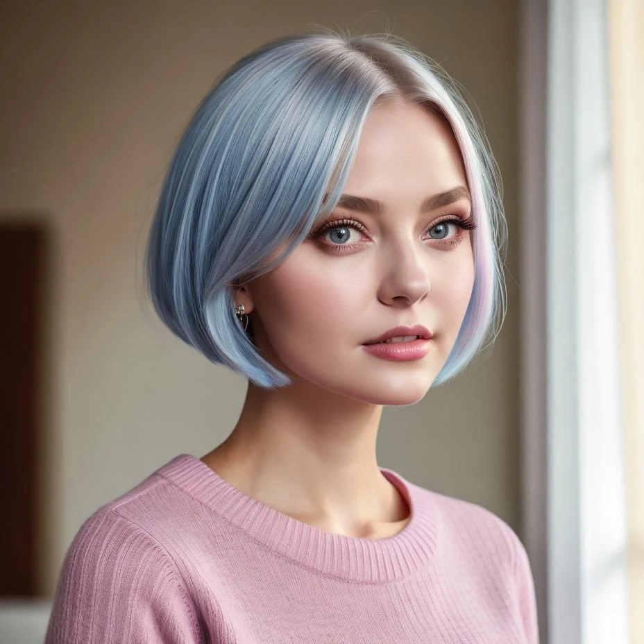 1girl, young:1.3 , hair silver short bob long, photo,8k,sharp focus, face beautiful, Best quality, masterpiece, ultra high res, (photorealistic:1.4), raw photo, cinematic lighting, pullover shirt pink grandient blue