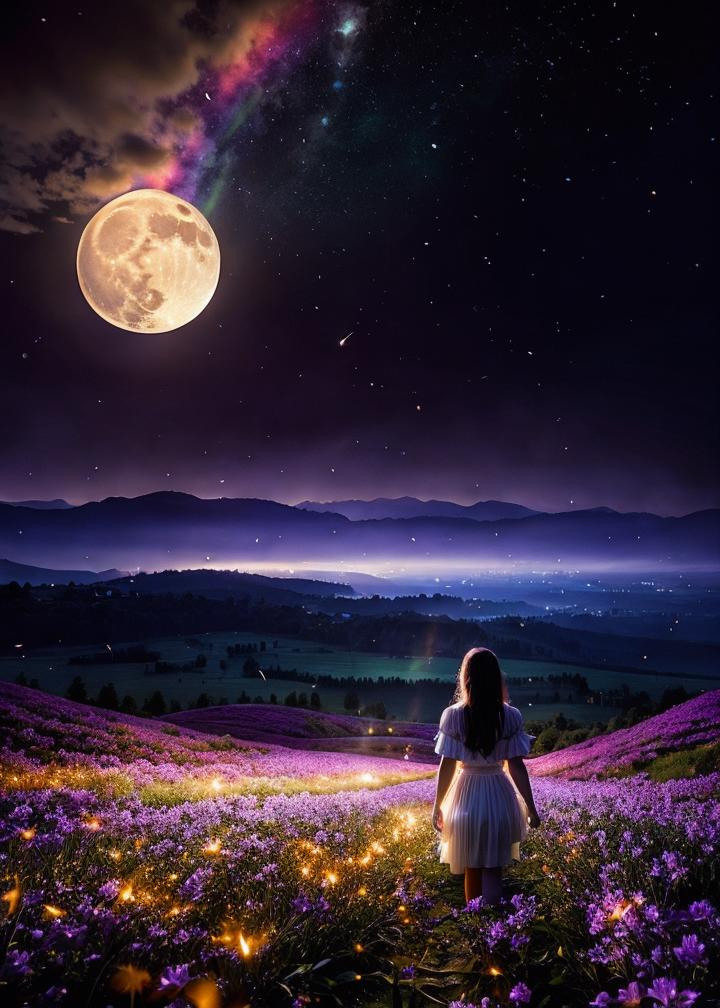 A girl in a white dress standing in a field of flowers under a full ...
