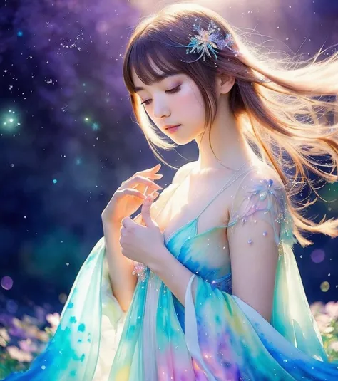A captivating anime girl gracefully emerges from the pages of a watercolor painting, her vibrant and intricate colors breathing life into the artwork. She dons an extraordinary fantasy costume adorned with delicate details, reflecting the enchanting world she inhabits. Luminescent elements, like glowing crystals and ethereal wisps, surround her, casting a soft, otherworldly glow. The watercolor style imbues the image with a sense of fluidity and delicacy, as if the colors are effortlessly blending and bleeding into one another. Camera shot: medium shot, Camera lens: soft focus, Lighting: luminescent glow, watercolor brushstrokes,