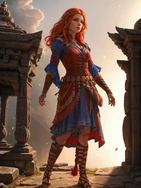talojilohse standing in front of an ancient temple, (redhead), (small white hair stripe on left side:0.95) dramatic lighting, wallpaper, intricate, intricately detailed face and eyes, sharp focus, rtx, realistic body proportions, well drawn, masterpiece, ultra detailed, high quality, best quality, 4k, 8k <lora:talojilohse:0.48>