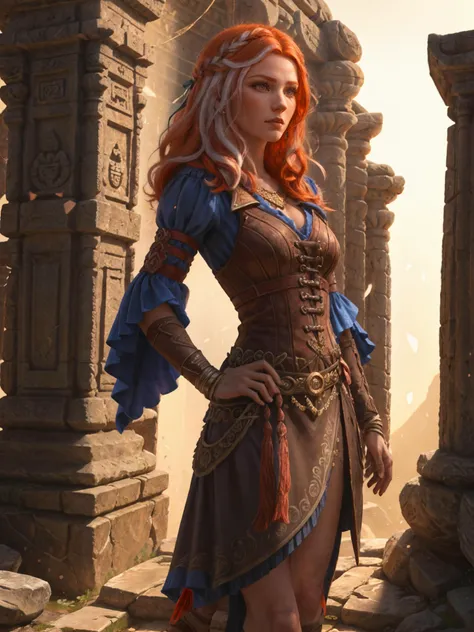 talojilohse standing in front of an ancient temple, (redhead), (small white hair streak on left side:0.98) dramatic lighting, wallpaper, intricate, intricately detailed face and eyes, sharp focus, rtx, realistic body proportions, well drawn, masterpiece, ultra detailed, high quality, best quality, 4k, 8k <lora:talojilohse:0.58>