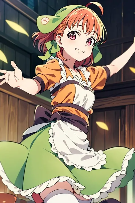 ((masterpiece,best quality)), absurdres,
<lora:Chika_Genjitsu_no_Yohane:0.8>, Chika_Genjitsu_no_Yohane, apron, green dress, ahoge,
solo, smiling, looking at viewer, cowboy shot,
cinematic composition, dynamic pose,