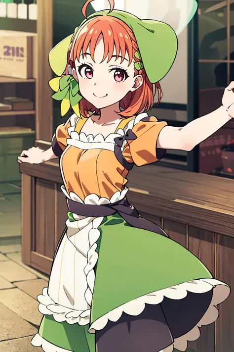 ((masterpiece,best quality)), absurdres,
<lora:Chika_Genjitsu_no_Yohane:0.85>, Chika_Genjitsu_no_Yohane, apron, green dress, ahoge,
solo, smiling, looking at viewer, cowboy shot,
cinematic composition, dynamic pose,
