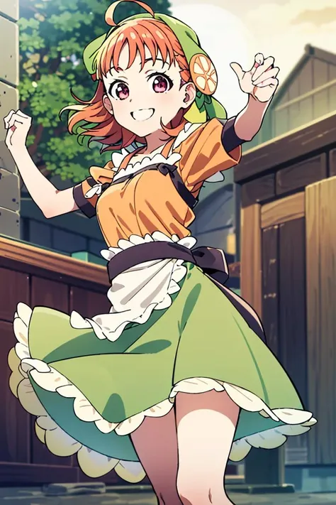 MN, natsuiro matsuri, outdoors, park, walking, virtual youtuber, pantyhose, brown hair, side ponytail, skirt, ahoge, navel, off-shoulder jacket, (white skirt:1.2), open mouth, hair between eyes, orange jacket, midriff, smile, ribbon, pinstripe pattern, cat hair ornament, off shoulder, green ribbon, camisole, collarbone, pleated skirt, jacket, hair ornament, bangs, miniskirt, looking at viewer, black camisole, striped, short sleeves, black pantyhose, hair ribbon, crop top, smile, bare shoulders, cropped jacket, halterneck, spaghetti strap, blush, black ribbon, neck ribbon, teeth, medium hair, side slit, cowboy shot, upper teeth only, bow, outdoors, <lora:Hololive_Natsuiro_matusri_v2.0:0.6>