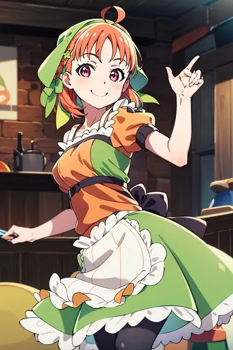 ((masterpiece,best quality)), absurdres,
<lora:Chika_Genjitsu_no_Yohane:0.85>, Chika_Genjitsu_no_Yohane, apron, green dress, ahoge, 
solo, smiling, looking at viewer, cowboy shot,
cinematic composition, dynamic pose,