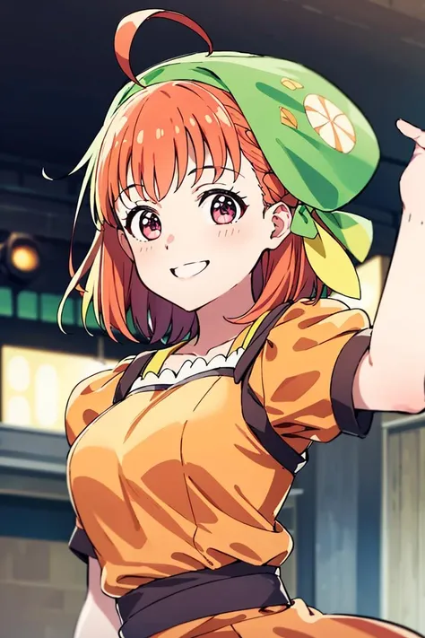 ((masterpiece,best quality)), absurdres,
<lora:Chika_Genjitsu_no_Yohane:0.8>, Chika_Genjitsu_no_Yohane, ahoge, orange shirt, green head scarf,
solo, smiling, looking at viewer, upper body,
cinematic composition, dynamic pose,