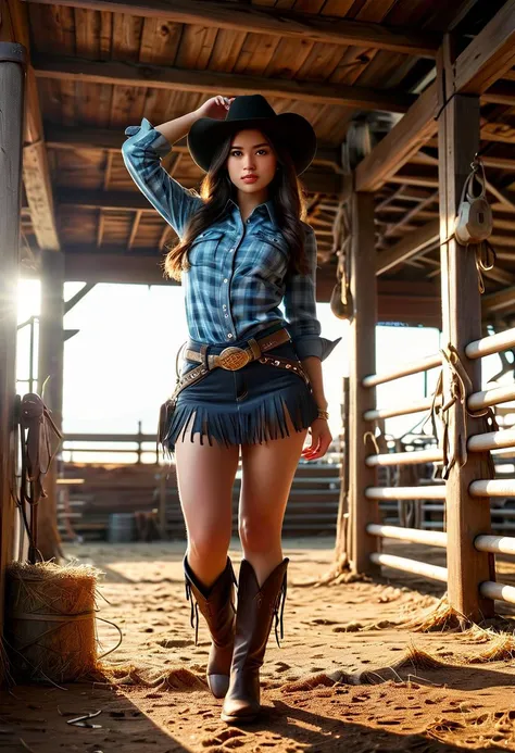 (medium full shot) of (gorgeous young woman:1.1) cowboy, thai with dark, straight hair, brown eyes, light brown skin, petite,             wearing Plaid flannel shirt, denim skirt with fringe, cowboy hat with horsehair tassel, suede cowboy boots, spurs with rowels and jingle bobs attached to the heels of cowboy boots with leather straps, angry at the viewer, she's jumping above the ground,  .set in the far west era, in  ranch Main Barn, Rustic interior with wooden beams overhead, rows of horse stalls lining the walls, bales of hay stacked in one corner, tools hanging from hooks, and the faint scent of leather lingering in the air , at sunset. ,Masterpiece,best quality, photorealistic, amazing quality, very aesthetic, extremely detailed face,