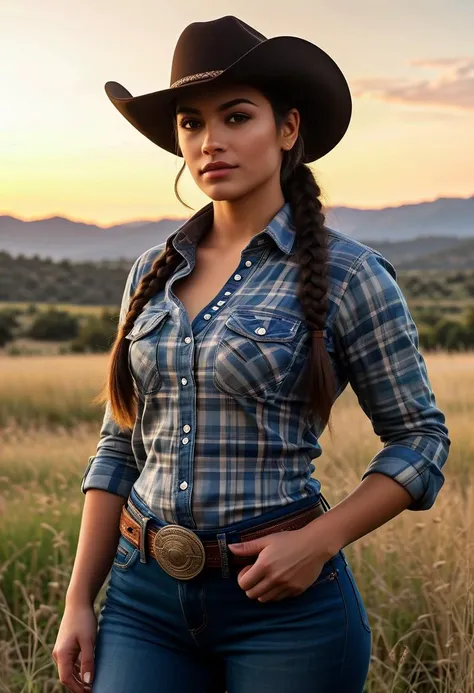 (medium full shot) of (attractive young woman:1.1) cowboy, indian with dark hair in a braid, brown eyes, darker skin tone, curvy,             wearing Plaid shirt with pearl snap buttons, denim jeans, straw cowboy hat, leather belt with buckle, work gloves with reinforced palms and fingers, angry at the viewer, she's making a kung fu pose,  .set in the far west era, in  Trail Path, Narrow dirt path winding through rugged terrain, tall grasses swaying in the breeze, wooden markers indicating the way, scattered wildflowers, and the distant sound of mooing cattle , at sunset. ,Masterpiece,best quality, photorealistic, amazing quality, very aesthetic, extremely detailed face,