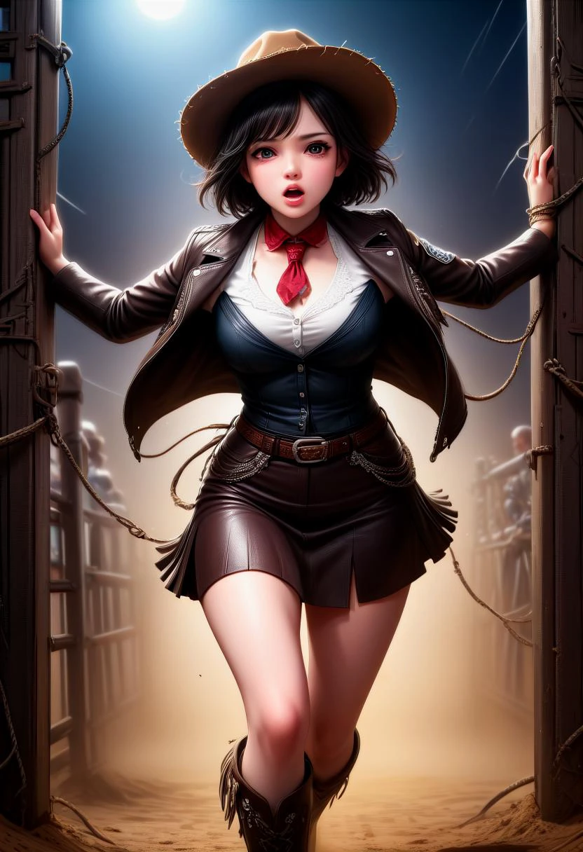(medium full shot) of (esthetic young woman:1.1) cowboy, korean with black hime cut hair, dark brown eyes, pale skin, curvy, wearing Leather jacket with fringe trim, leather skirt, wide-brimmed cowboy hat, cowboy boots with spurs, western tie with a decorative slide and leather cord, angry at the viewer, she's jumping above the ground, .set in the far west era, in Bucking Chute, Metal gates towering over the dirt, ropes coiled nearby, nervous bulls pawing at the ground, cowboys adjusting their gear, and the tension palpable as riders prepare for the challenge , at night. ,Masterpiece,best quality, photorealistic, amazing quality, very aesthetic, extremely detailed face,