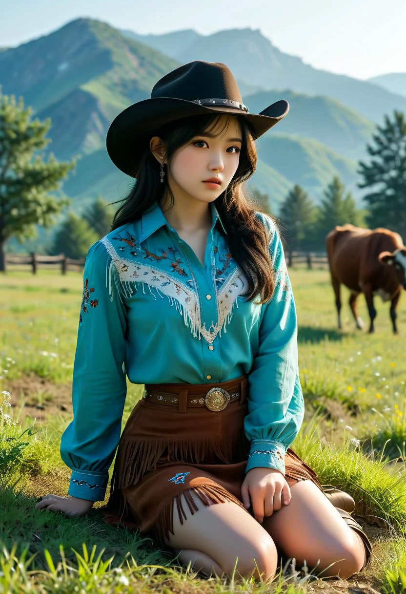 (medium full shot) of (desirable young woman:1.1) cowboy, korean with black hime cut hair, dark brown eyes, pale skin, curvy, wearing Embroidered western shirt, suede fringe skirt, cowboy hat with turquoise hatband, leather cowboy boots, bandanna, scared at the viewer, she's brushing her hair with her fingers, .set in the far west era, in Resting Pasture, Lush green pasture dotted with shade trees, cattle grazing peacefully, calves frolicking in the grass, distant mountains silhouetted against the sky, and the scent of fresh grass carried on the breeze , at night. ,Masterpiece,best quality, photorealistic, amazing quality, very aesthetic, extremely detailed face,