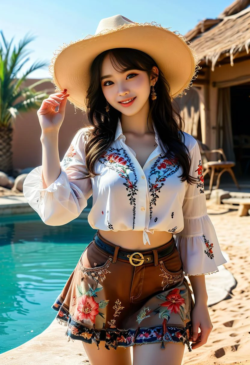 (medium full shot) of (esthetic young woman:1.1) cowboy, korean with black hime cut hair, dark brown eyes, pale skin, curvy, wearing Floral print blouse, denim skirt with embroidery, straw cowboy hat with flower crown, leather cowboy boots, work gloves with reinforced palms and fingers, smiling at the viewer, making an ok sign with her hand, .set in the far west era, in Desert Oasis, Palm trees swaying in a hot breeze, a shimmering pool of clear water, colorful tents pitched on the sandy shore, camels resting in the shade, and distant dunes rippling in the heat haze . ,Masterpiece,best quality, photorealistic, amazing quality, very aesthetic, extremely detailed face,