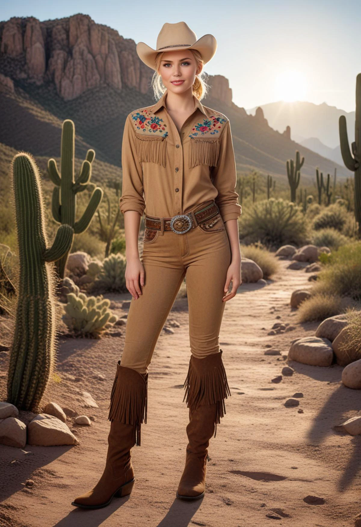 (medium full shot) of (esthetic cowboy) young woman, british, bright blue eyes, light skin, tan skin, green eyes, Medium, extra long blonde bun hair, wearing Suede shirt with fringe, suede pants with beadwork, cowboy hat with feather accents, suede cowboy boots, spurs with rowels and jingle bobs attached to the heels of cowboy boots with leather straps, set in the far west era, in Arizona Desert, Desert Trailhead, Dusty path lined with prickly cacti, scattered boulders casting long shadows, a faded trail marker, distant mountains silhouetted against the setting sun , smiling at the viewer, Masterpiece,best quality, photorealistic, amazing quality, very aesthetic, extremely detailed face,