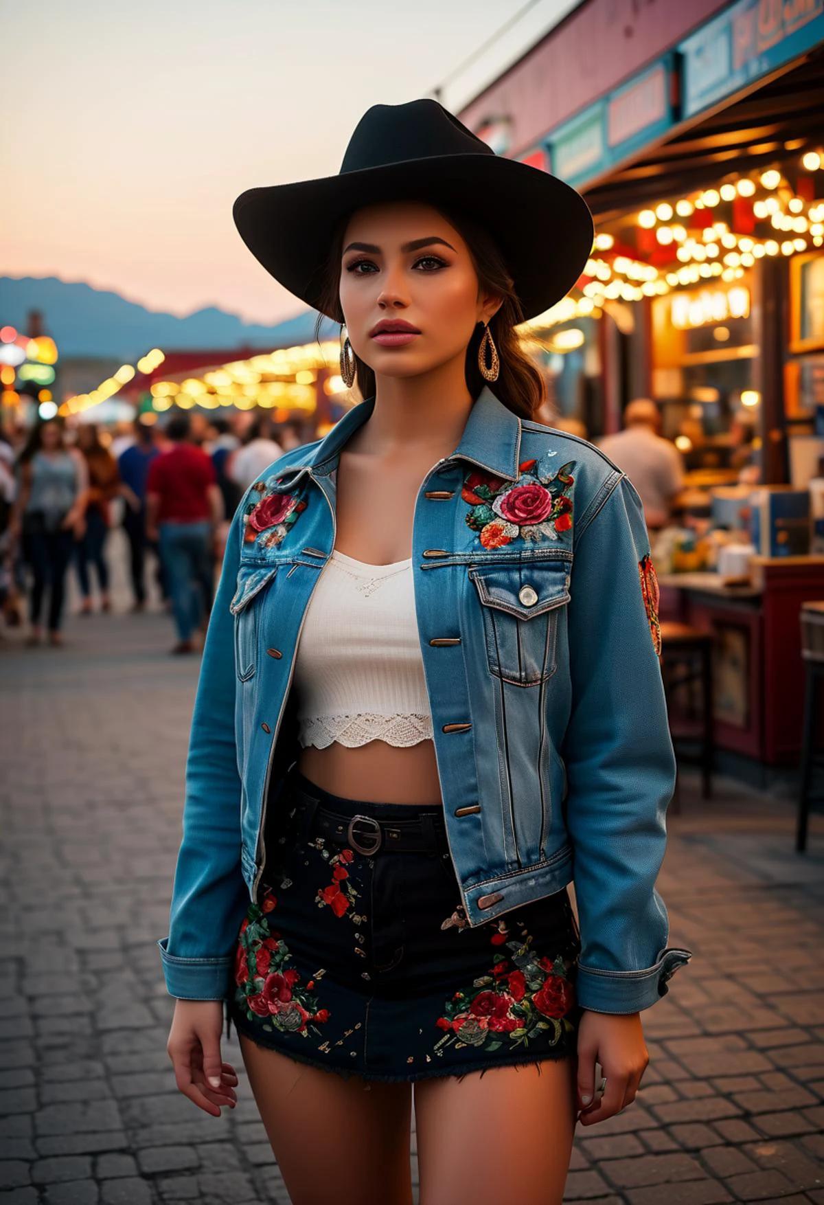 (medium full shot) of (attractive young woman:1.1) cowboy, arabian with black doughnut hair bun, green eyes, tan skin, curvy, wearing Embroidered denim jacket, denim skirt with lace trim, cowboy hat with floral appliqué, leather cowboy boots, bandanna, scared at the viewer, pointing her finger at the viewer, .set in the far west era, in Concession Stand, Aromatic smells of grilled meat and popcorn wafting through the air, colorful banners advertising snacks, a line of eager patrons, clinking of coins as transactions are made, and the sound of sizzling from the grill , at sunset. ,Masterpiece,best quality, photorealistic, amazing quality, very aesthetic, extremely detailed face,