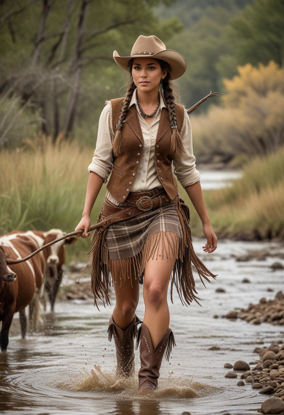 (medium full shot) of (bonnie cowboy) young woman, indian, brown eyes, darker skin tone, tan skin, light brown eyes, lithe, medium brown dutch braid hair, wearing Plaid vest with fringe, plaid skirt, cowboy hat with feather decoration, leather cowboy boots, whip slung over the shoulder, set in the far west era, in River Crossing, Shallow river with pebbled banks, cattle wading through the water, cowboys urging them forward with shouts and whistles, muddy hoof prints left in their wake, and birds circling overhead , laughing, squatting, Masterpiece,best quality, photorealistic, amazing quality, very aesthetic, extremely detailed face,