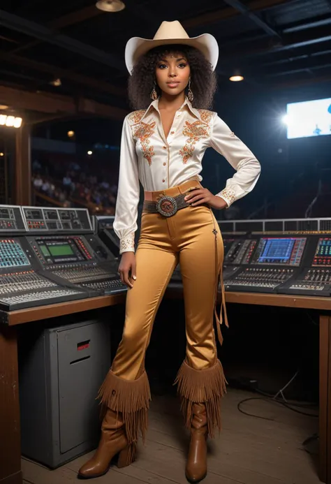 (medium full shot) of (sexy cowboy) young woman, south african, dark eyes, dark skin, dark skin, black eyes, curvy, extra long hazel afro hair, wearing Embroidered satin shirt, satin pants with fringe, cowboy hat with satin ribbon, satin cowboy boots, spurs with rowels and jingle bobs attached to the heels of cowboy boots with leather straps, set in the far west era, in Announcer's Booth, Elevated platform overlooking the arena, microphones poised for action, a bustling control panel with flashing lights, the announcer's voice echoing through the speakers, and a buzz of excitement as the next event is announced , at night, smiling at the viewer, Masterpiece,best quality, photorealistic, amazing quality, very aesthetic, extremely detailed face,