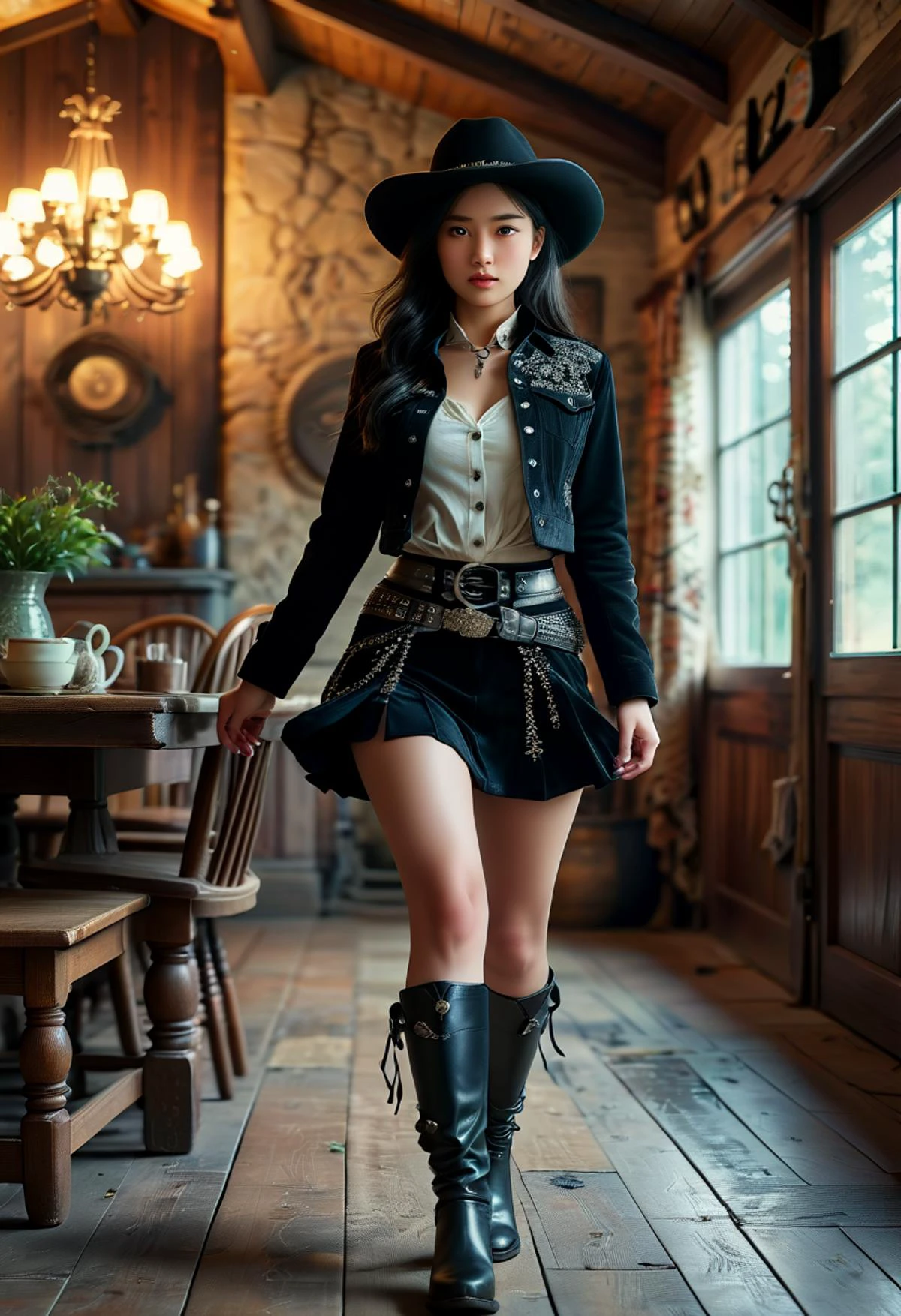 (medium full shot) of (attractive young woman:1.1) cowboy, chinese with straight black hair, dark eyes, fair skin, petite, wearing Velvet bolero jacket, velvet skirt with silver studs, cowboy hat with sequin band, velvet cowboy boots, leather belt with a decorative buckle, scared at the viewer, she's running toward the viewer, .set in the far west era, in Ranch House, Cozy interior with a stone fireplace, a large dining table with mismatched chairs, a worn-out rug on the wooden floor, family photos on the walls, and the aroma of home-cooked meals , at night. ,Masterpiece,best quality, photorealistic, amazing quality, very aesthetic, extremely detailed face,