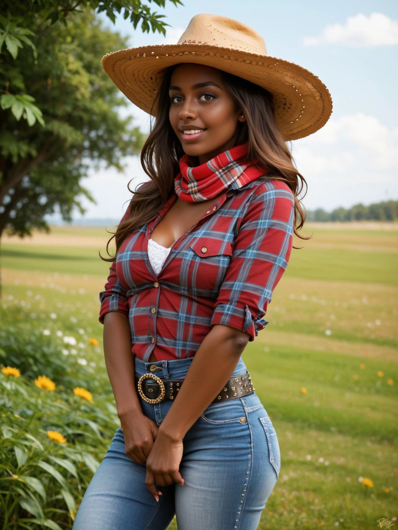 score_9, score_8_up, score_7_up, rating_explicit, detailed raw photo, realistic, photorealistic, hdr, (masterpiece), realistic lights and shadows, (best quality), 1girl, sexy, (desirable cowboy) young woman, south african, dark eyes, dark skin, dark skin, light brown eyes, willowy build, long hazel straight down hair, wearing Plaid shirt with pearl snap buttons, denim jeans, straw cowboy hat, leather belt with buckle, leather belt with a decorative buckle,scarf, set in the far west era, in Resting Pasture, Lush green pasture dotted with shade trees, cattle grazing peacefully, calves frolicking in the grass, distant mountains silhouetted against the sky, and the scent of fresh grass carried on the breeze , at sunset