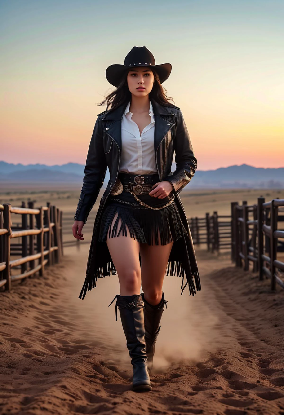 (medium full shot) of (desirable young woman:1.1) cowboy, korean with black hime cut hair, dark brown eyes, pale skin, curvy, wearing Leather jacket with fringe trim, leather skirt, wide-brimmed cowboy hat, cowboy boots with spurs, leather gloves with reinforced palms and fingers, scared at the viewer, she's running toward the viewer, .set in the far west era, in Bucking Chute, Metal gates towering over the dirt, ropes coiled nearby, nervous bulls pawing at the ground, cowboys adjusting their gear, and the tension palpable as riders prepare for the challenge , at night. ,Masterpiece,best quality, photorealistic, amazing quality, very aesthetic, extremely detailed face,