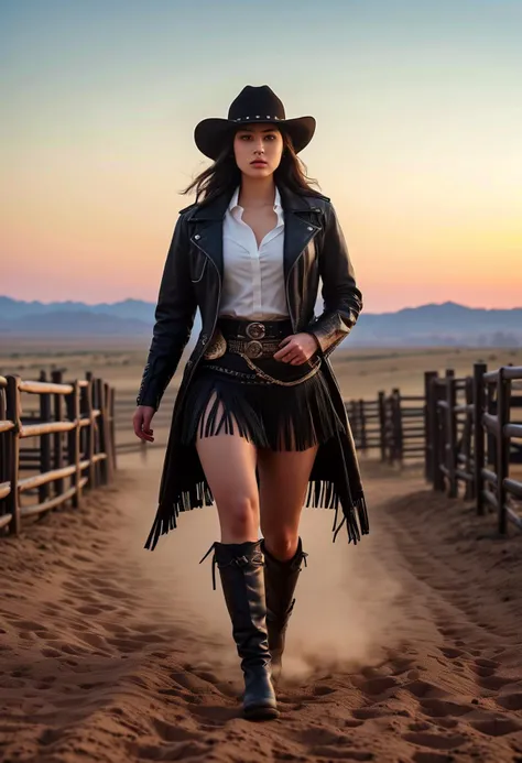 (medium full shot) of (desirable young woman:1.1) cowboy, korean with black hime cut hair, dark brown eyes, pale skin, curvy,             wearing Leather jacket with fringe trim, leather skirt, wide-brimmed cowboy hat, cowboy boots with spurs, leather gloves with reinforced palms and fingers, scared at the viewer,  she's running toward the viewer,  .set in the far west era, in  Bucking Chute, Metal gates towering over the dirt, ropes coiled nearby, nervous bulls pawing at the ground, cowboys adjusting their gear, and the tension palpable as riders prepare for the challenge , at night. ,Masterpiece,best quality, photorealistic, amazing quality, very aesthetic, extremely detailed face,