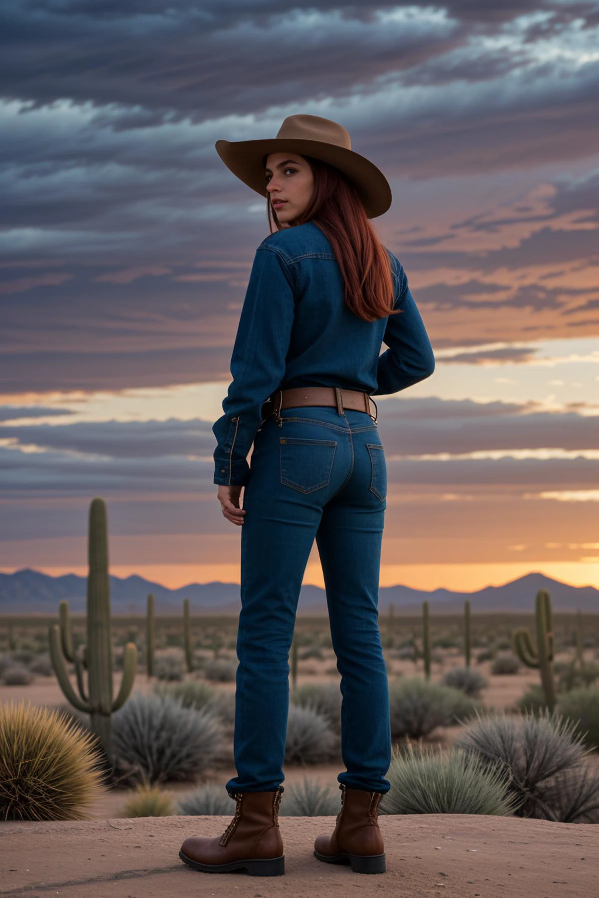 (autumn season:1.2),(at dawn:1.2),<lora:LCM_LoRA_Weights_SD15:1>,<lora:detail_slider_v4:1.3>,(attractive cowboy) a 21year old Wommen, willowy build, extra long red hair, black american, dark skin, hazel eyes, wearing hide cowboy hat , Sequined western shirt, denim pants , suede cowboy boots with tooled design, leather gloves with reinforced palms and fingers,leather belt with a decorative buckle, set in the far west era, in Arizona Desert Vista, Wide-open space with panoramic views of endless desert plains, towering saguaro cacti standing sentinel, a distant thunderstorm brewing on the horizon, the smell of rain mingling with desert sage , at sunset,
long exposure photography, streaking lights, smooth motion, dreamy landscapes, ethereal atmosphere, light painting, creative expression, time manipulation, surreal effects, captivating visuals, artistic interpretation, immersive experience, unique perspective,(fullbody shot:1.3),(fullbody shot:1.1),(full body:1.3),(fullbody:1.3),(full body photo:1.3),(full body view:1.3),(wide shot:1.3),from behind:1.1,(full body portrait:1.3),