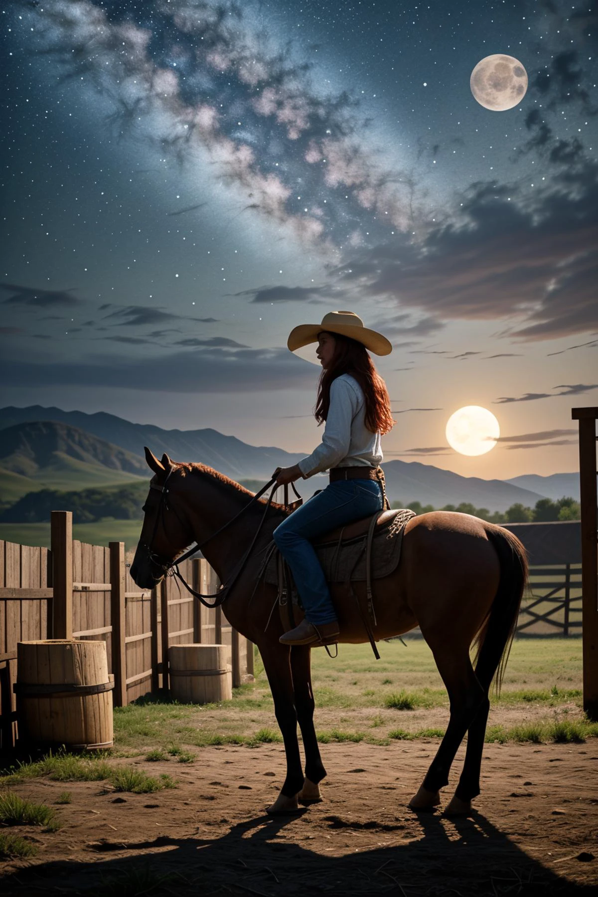 (summer season:1.2),(under the moonlight:1.2),<lora:LCM_LoRA_Weights_SD15:1>,<lora:detail_slider_v4:1.3>,(sexy cowboy) old Girl, slender build, medium red hair, chinese, tan skin, hazel eyes,  wearing hide cowboy hat , Sequined western shirt, leather skirt with fringe, sequined cowboy boots with tooled design, bolo tie with a decorative slide and leather cord,bandanna, set in the far west era, in Cattle Yard, Dusty enclosure surrounded by wooden fences, sturdy metal gates, troughs filled with water, bales of hay stacked in a corner, cowboys on horseback guiding the herd , at night,
surreal photography, dreamlike imagery, subconscious exploration, bending reality, imaginative narratives, juxtaposing elements, evoking wonder and awe, transcending boundaries, challenging perceptions, fantastical landscapes, otherworldly atmospheres,(fullbody shot:1.3),(fullbody shot:1.1),(full body:1.3),(fullbody:1.3),(full body photo:1.3),(full body view:1.3),(wide shot:1.3),front view:1.1,(full body portrait:1.3),