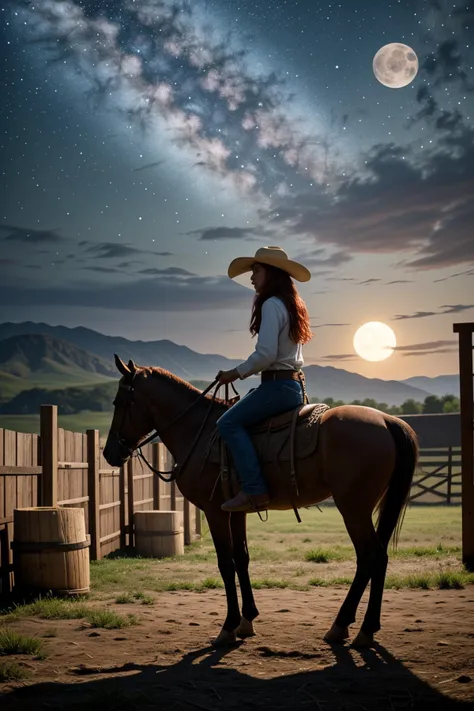 (summer season:1.2),(under the moonlight:1.2),<lora:LCM_LoRA_Weights_SD15:1>,<lora:detail_slider_v4:1.3>,(sexy cowboy) old Girl, slender build, medium red hair, chinese, tan skin, hazel eyes,  wearing hide cowboy hat , Sequined western shirt, leather skirt with fringe, sequined cowboy boots with tooled design, bolo tie with a decorative slide and leather cord,bandanna, set in the far west era, in Cattle Yard, Dusty enclosure surrounded by wooden fences, sturdy metal gates, troughs filled with water, bales of hay stacked in a corner, cowboys on horseback guiding the herd , at night,
surreal photography, dreamlike imagery, subconscious exploration, bending reality, imaginative narratives, juxtaposing elements, evoking wonder and awe, transcending boundaries, challenging perceptions, fantastical landscapes, otherworldly atmospheres,(fullbody shot:1.3),(fullbody shot:1.1),(full body:1.3),(fullbody:1.3),(full body photo:1.3),(full body view:1.3),(wide shot:1.3),front view:1.1,(full body portrait:1.3),