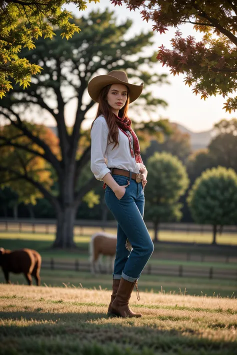 (autumn season:1.2),(at sunrise:1.2),<lora:LCM_LoRA_Weights_SD15:1>,<lora:detail_slider_v4:1.5>,(vivacious cowboy) a 21year old Girl, petite build, medium red hair, swedish, fair skin, dark green eyes,  wearing wide-brimmed cowboy hat with floral appliqué, Embellished western shirt, denim pants with beadwork, sequined cowboy boots with spurs, scarf,bolo tie with a decorative slide and leather cord, set in the far west era, in Resting Pasture, Lush green pasture dotted with shade trees, cattle grazing peacefully, calves frolicking in the grass, distant mountains silhouetted against the sky, the scent of fresh grass carried on the breeze ,
experimental photography, pushing the boundaries of creativity, unconventional techniques, innovative concepts, artistic exploration, thought-provoking imagery, pushing the boundaries of traditional photography,(fullbody shot:1.3),(fullbody shot:1.1),(full body:1.3),(fullbody:1.3),(full body photo:1.3),(full body view:1.3),(wide shot:1.3),dynamic angle:1.1,(full body portrait:1.3),