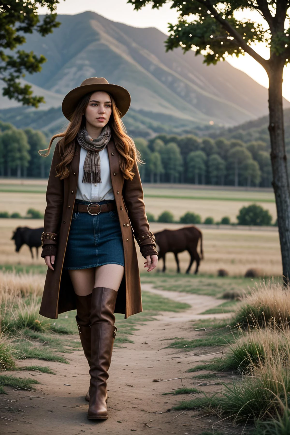 (winter season:1.2),(in the afternoon:1.2),<lora:LCM_LoRA_Weights_SD15:1>,<lora:detail_slider_v4:1.1>,(desirable cowboy) a 21year old (2Girls:1.3), busty build, extra long ginger hair, native american, caramel skin, light brown eyes, wearing hide cowboy hat , Embroidered western shirt, plaid skirt , leather cowboy boots with spurs, scarf,leather gloves with reinforced palms and fingers, set in the far west era, in Resting Pasture, Lush green pasture dotted with shade trees, cattle grazing peacefully, calves frolicking in the grass, distant mountains silhouetted against the sky, the scent of fresh grass carried on the breeze , at sunset,
Cinematic portrait photography, capture subject in a way that resembles a still frame from a movie, cinematic lighting, story, narrative quality, drawing viewers into the scene and evoking a sense of cinematic immersion, capturing emotion, professional, engaging, compelling composition,(fullbody shot:1.3),(fullbody shot:1.1),(full body:1.3),(fullbody:1.3),(full body photo:1.3),(full body view:1.3),(wide shot:1.3),top down:1.1,(full body portrait:1.3),