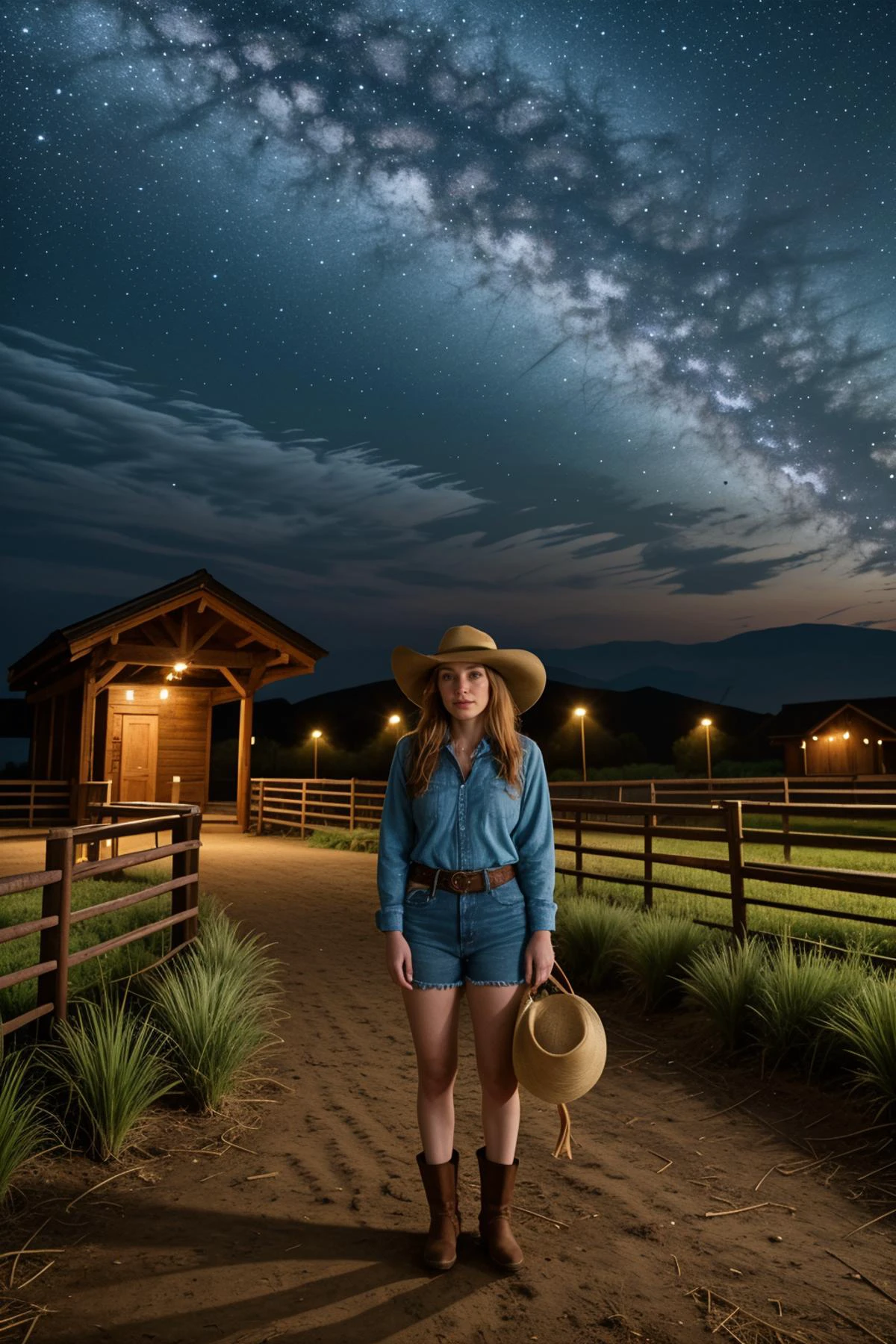 (summer season:1.2),(in the evening:1.2),<lora:LCM_LoRA_Weights_SD15:1>,<lora:detail_slider_v4:1.4>,(angelic cowboy) middle-aged Wommen, petite build, extra long ginger hair, japanese, tan skin, brown eyes, wearing cowboy hat with turquoise hatband, Plaid flannel shirt, denim shorts , leather cowboy boots with floral embroidery, work gloves with reinforced palms and fingers,leather belt with a decorative buckle, set in the far west era, in ranch Corral, Dusty enclosure with wooden fences, troughs filled with water, a hitching post, scattered hay on the ground, the sound of horses neighing in the distance ,
night photography, nocturnal beauty, city lights, starry skies, celestial wonders, moonlit landscapes, urban glow, capturing the essence of darkness, ethereal atmosphere, dramatic shadows, magical ambiance, long exposure techniques, expert use of light sources,(fullbody shot:1.3),(fullbody shot:1.1),(full body:1.3),(fullbody:1.3),(full body photo:1.3),(full body view:1.3),(wide shot:1.3),cinematic angle:1.1,(full body portrait:1.3),