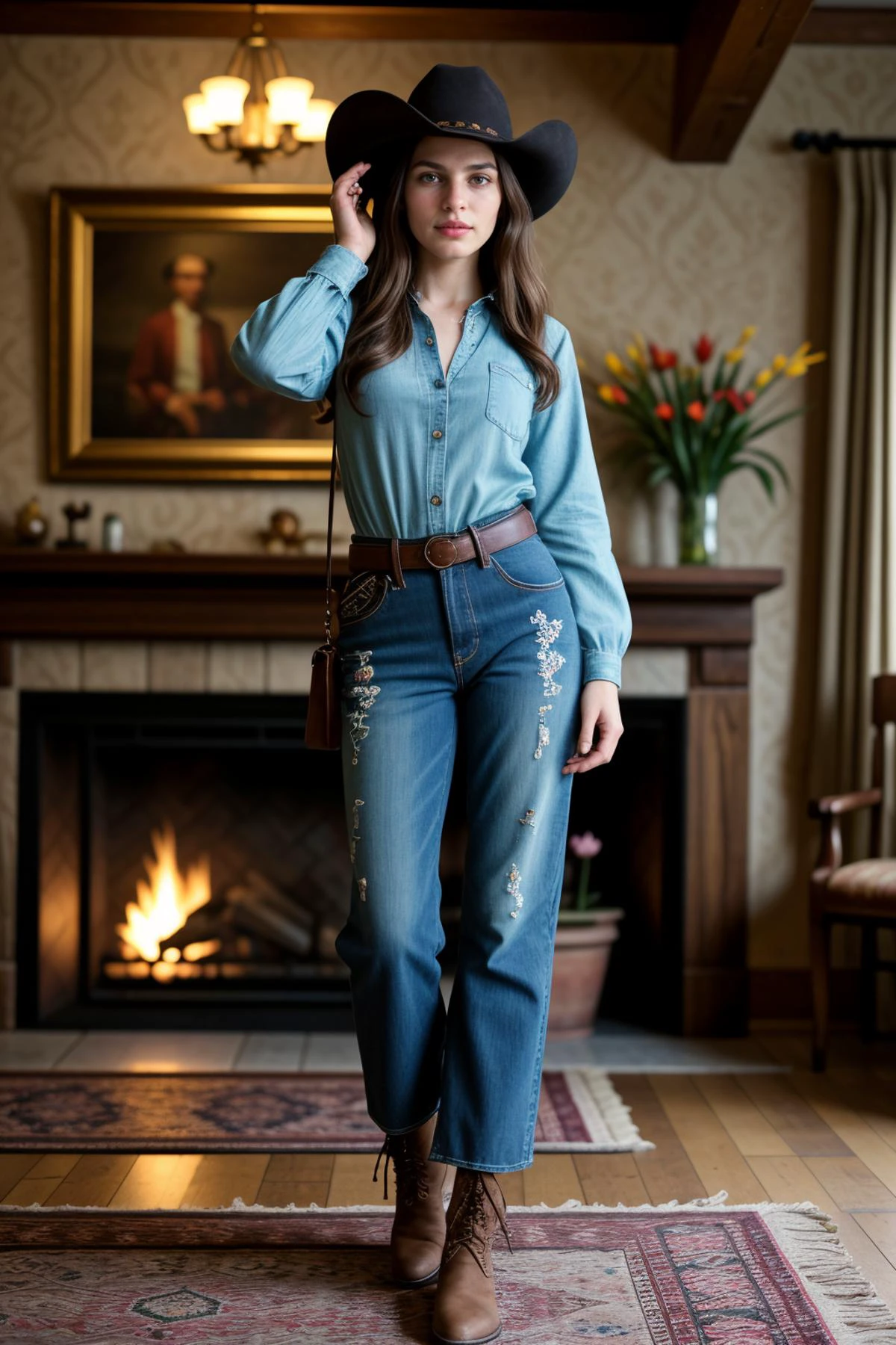 (spring season:1.2),(at dawn:1.2),<lora:LCM_LoRA_Weights_SD15:1>,<lora:detail_slider_v4:1.2>,(supermodel cowboy) old Girl, petite build, long hazel hair, russian, pale skin, turquoise eyes, wearing cowboy hat , Denim shirt with embroidered yoke, hide pants with lace-up detail, suede cowboy boots with tooled design, bolo tie with a decorative slide and leather cord,work gloves with reinforced palms and fingers, set in the far west era, in Parlor, Dimly lit room with a large fireplace, ornate wooden furniture, a plush rug covering the wooden floor, portraits hanging on the walls, lace curtains adorning the windows , at sunset,
documentary photography, capturing reality, social issues, human experiences, photojournalistic storytelling, candid moments, authentic narratives, raising awareness, documenting history, preserving cultural heritage, immersive storytelling, evoking empathy, powerful imagery, journalistic integrity,(fullbody shot:1.3),(fullbody shot:1.1),(full body:1.3),(fullbody:1.3),(full body photo:1.3),(full body view:1.3),(wide shot:1.3),from outside:1.1,(full body portrait:1.3),
