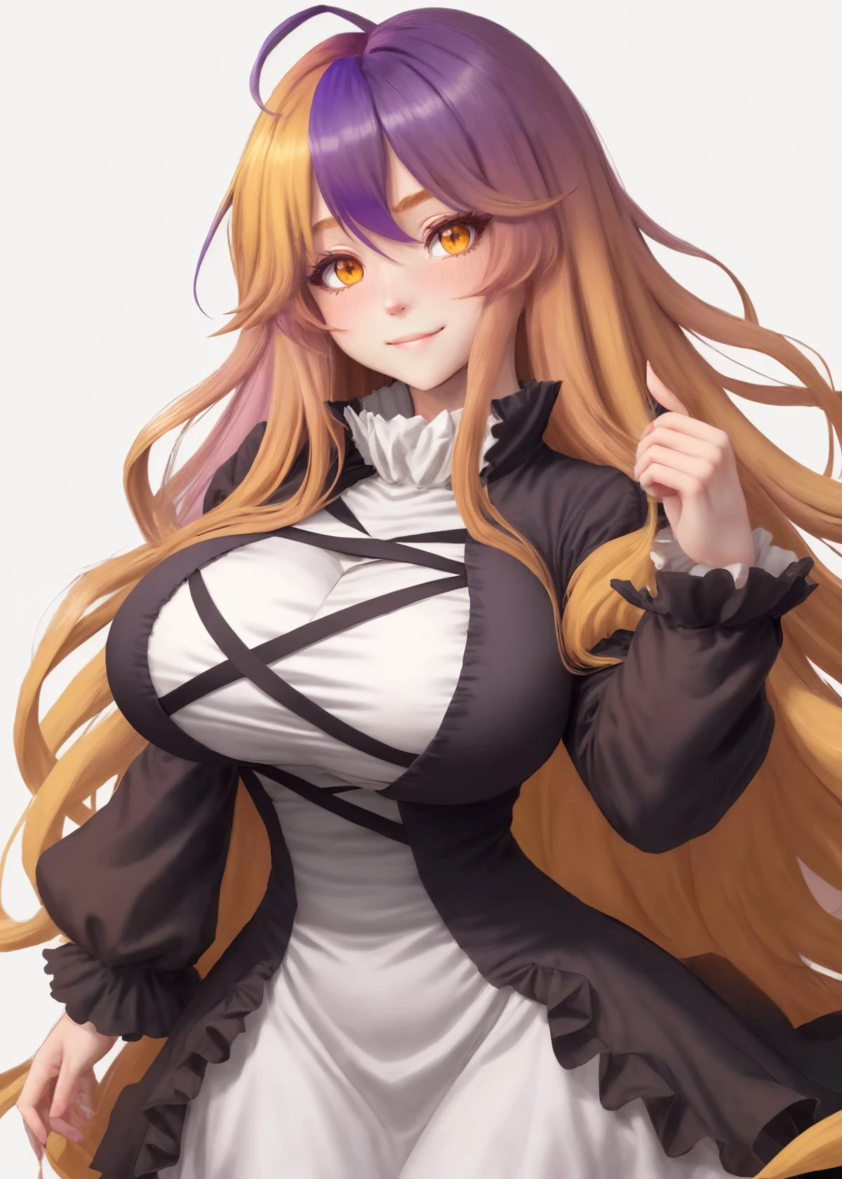 white background, scroll, yellow eyes, fingernails, ahoge, breasts, large breasts, looking at viewer, layered dress, long hair, multicolored hair, solo, 1girl, gradient hair, long sleeves, smile, blush, head tilt, hijiri byakuren, female focus, dress, high collar <lora:ByakurenHijiri:0.6>