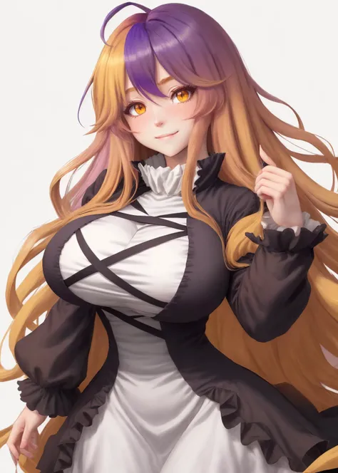 white background, scroll, yellow eyes, fingernails, ahoge, breasts, large breasts, looking at viewer, layered dress, long hair, multicolored hair, solo, 1girl, gradient hair, long sleeves, smile, blush, head tilt, hijiri byakuren, female focus, dress, high collar <lora:ByakurenHijiri:0.6>