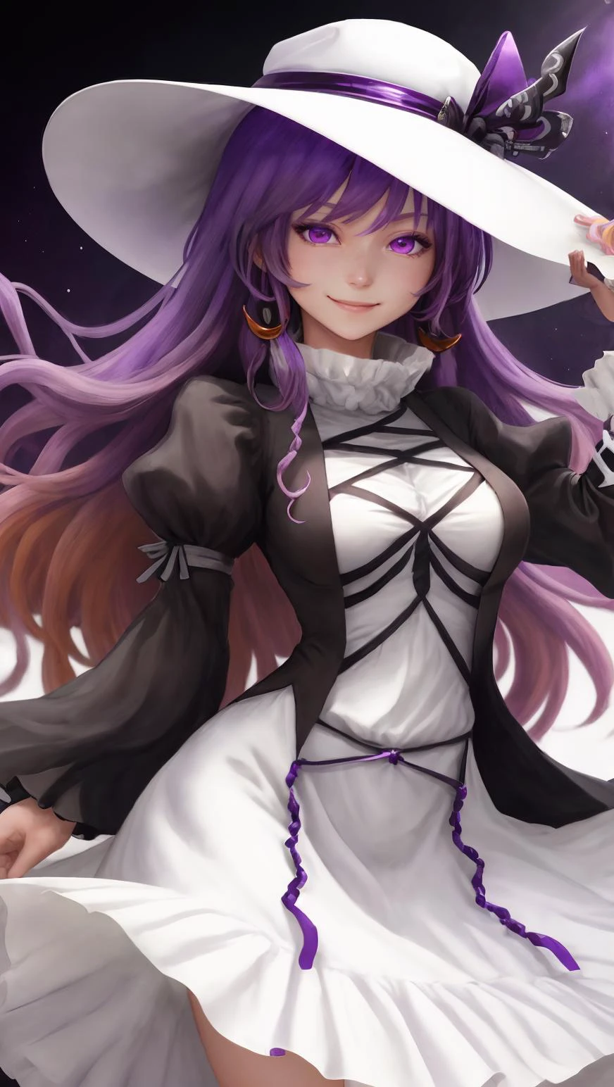 ajirogasa, white dress, hat, cowboy shot, solo, smile, dress, cross-laced clothes, purple hair, 1girl, purple eyes, gradient hair, jewelry, hijiri byakuren, long hair, looking at viewer, multicolored hair, beads <lora:ByakurenHijiri:0.8>