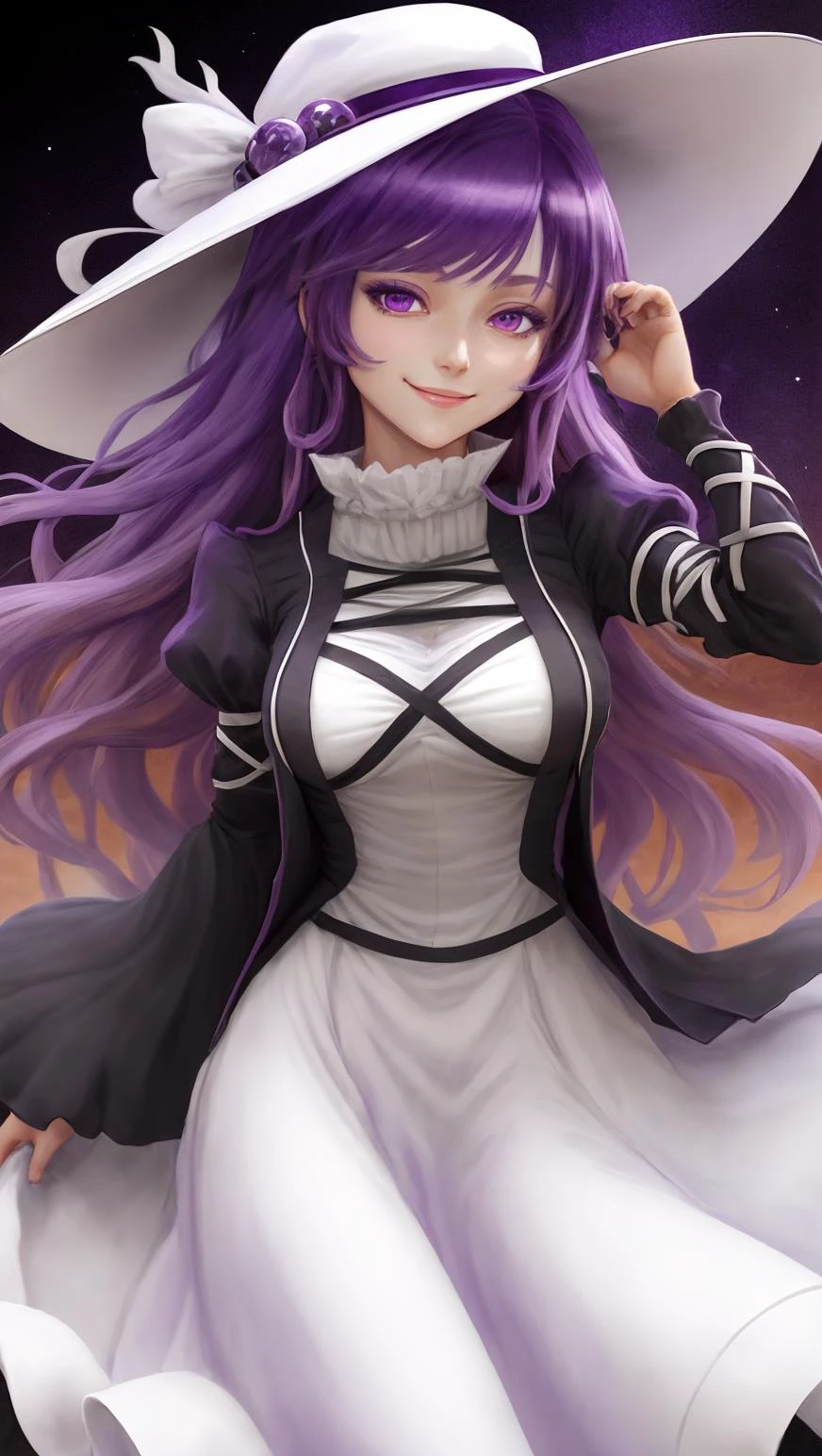 ajirogasa, white dress, hat, cowboy shot, solo, smile, dress, cross-laced clothes, purple hair, 1girl, purple eyes, gradient hair, jewelry, hijiri byakuren, long hair, looking at viewer, multicolored hair, beads <lora:ByakurenHijiri:0.8>