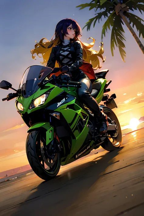 <lora:ByakurenHijiri:1> hijiri byakuren, 1girl, multicolored hair, long hair, yellow eyes, bike suit, <lora:KawasakiNinja300:0.7> kawasakininja300, sitting on bike, on motorcycle, ocean, sunset, palm trees, from below, best quality, masterpiece, ultra high res, high detail,