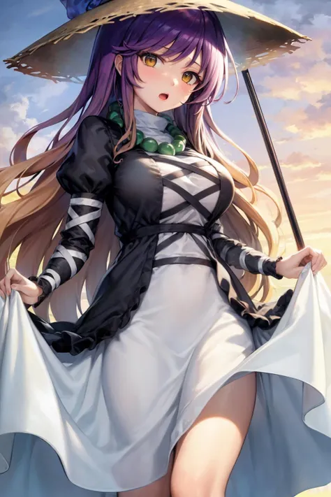 masterpiece, best quality, <lora:ByakurenHijiri:1>,1girl, solo, hijiri byakuren,yellow hat, long hair, gradient hair, multicolored hair, purple hair, dress, staff, ajirogasa, looking at viewer, yellow eyes, puffy sleeves, breasts, short sleeves, blonde hair, beads, brown hair, necklace, clothes lift, brown eyes, jewelry, open mouth, large breasts, hand on headwear, prayer beads, dress lift, puffy short sleeves, white dress, very long hair, medium breasts, layered dress, black dress, skirt hold, two-tone hair