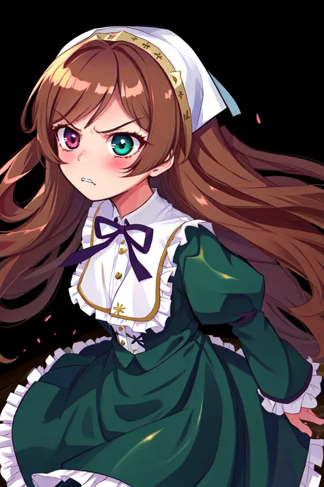 1girl, solo, cute, heterochromia, brown hair, green dress, long hair, (sharp), absurdres, tsundre, angry