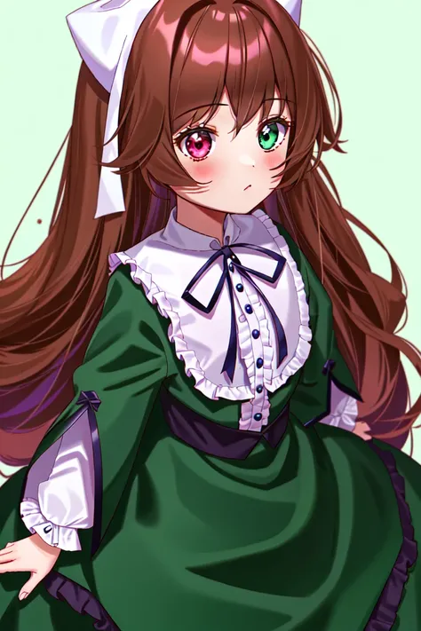 1girl, solo, cute, heterochromia, brown hair, green dress, long hair, (sharp), absurdres