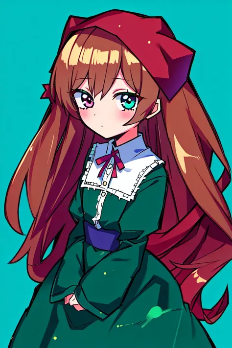 1girl, solo, cute, heterochromia, brown hair, green dress, long hair, (sharp), absurdres, <anime-background-style-v2>