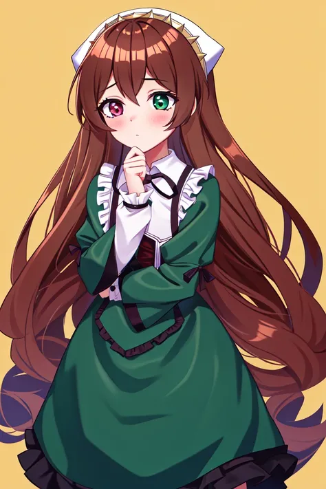 1girl, solo, cute, heterochromia, brown hair, green dress, long hair, (sharp), absurdres,