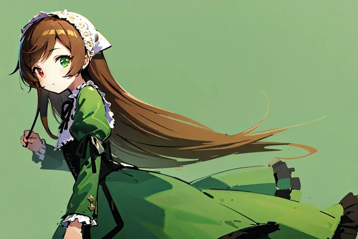 <lora:MySuiseiseki:0.5>, ((masterpiece:1.3)), best quality, ultra-detailed, ((illustration)), 1girl, solo, cute, heterochromia, brown hair, green dress, long hair, wallpaper,