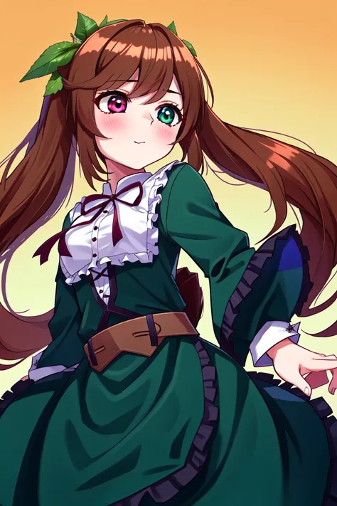1girl, solo, cute, heterochromia, brown hair, green dress, long hair, (sharp), absurdres,