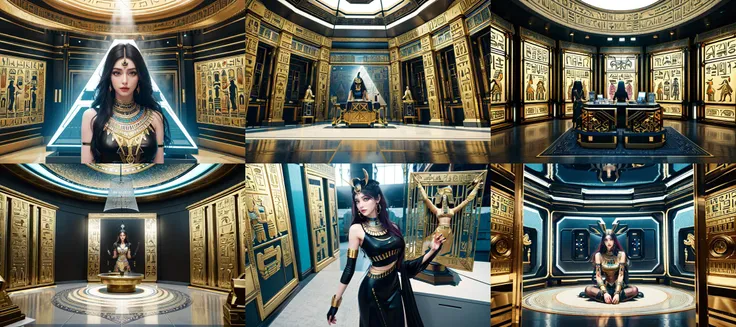 (otherworldly, otherworldly atmosphere, otherworldly appearance), highly insanely detailed, masterpiece, top quality, best quality, highres, 4k, 8k, RAW photo, collar, earrings, jewelry, necklace, armlet,
(long_hair, long hair, random colors cloth, random colors hair, random long hair, dynamic hair, glowing hair, hair over one eye),
(eyelashes, eyeliner, eyeshadow, eyelashes),
makeup,
(dynamic pose), nsfw,
((ancient egyptian theme)), golden ornaments,
1girl, (portrait),
(ice cream stand),
pt-2077-3000, <lora:2077_3000:0.7>, carpet, indoors, reflection, metal,
Tardis Control Room,
(a large room, with indented hexagonal pattern on the walls),
(A hexagonal control console with a large cylindrical rotor in the middle.),
BREAK
scenery, (ancient egyptian ruins), (fantasy world)