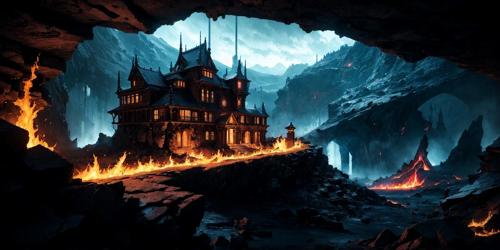 ((a demon castle on a high mountain cliff)) ,shell element,crazy curve,((the verdant mountains)),((lava, underworld theme)), dark sky, flame on sky
masterpiece, best quality, realistic, ultra highres, depth of field, (detailed background), (masterpiece:1.2), (ultra detailed), (best quality), intricate, comprehensive cinematic, futuristic photography, (gradients), colorful, detailed landscape, visual key,