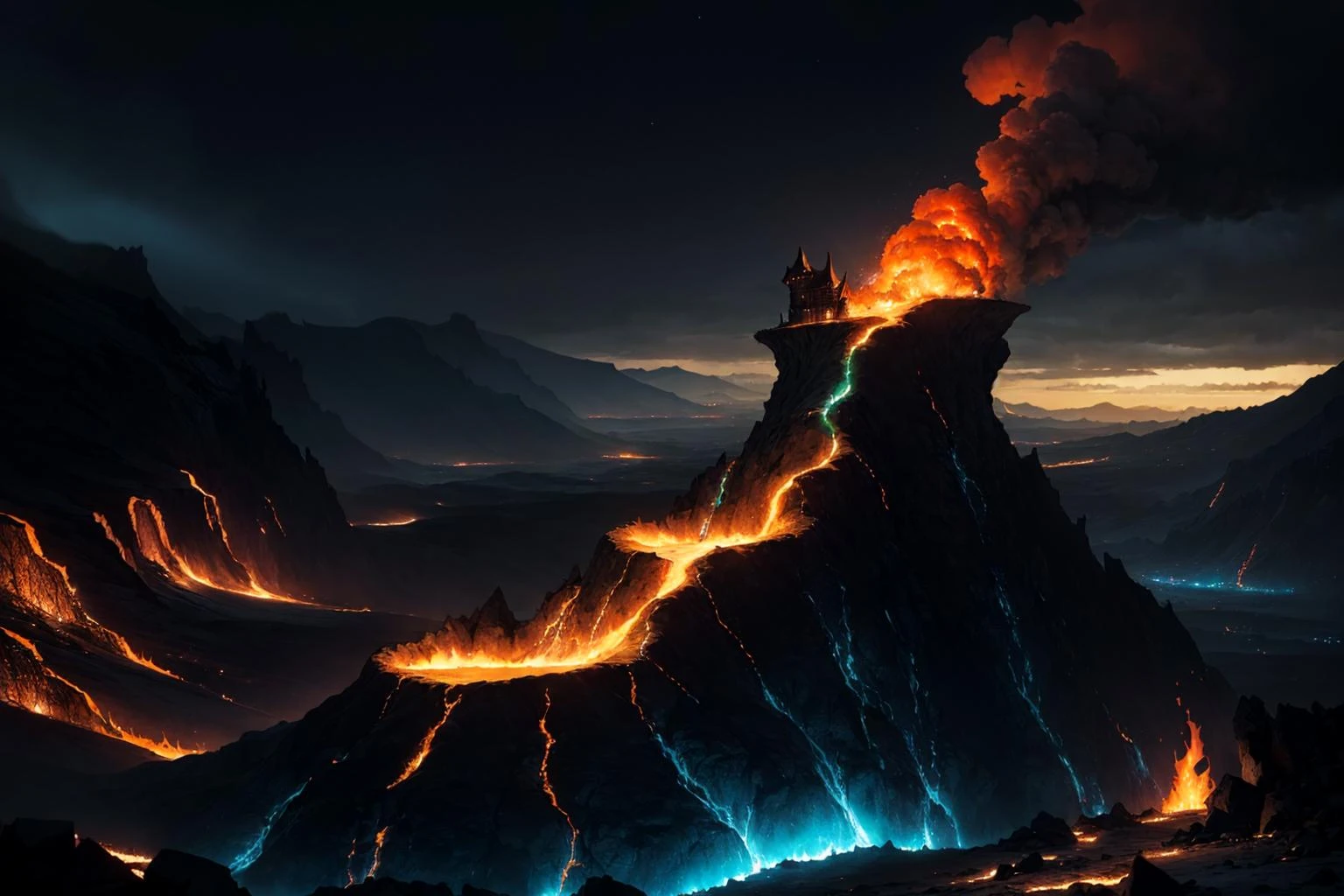 a demon castle on a high mountain cliff,shell element,crazy curve,((the verdant mountains)),((lava, underworld theme)), dark sky, flame on sky