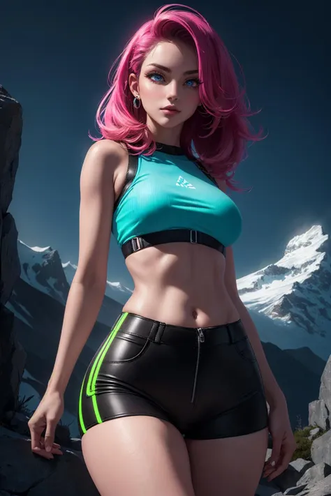 (1girl), ((hiking outfit:1.3)), ((large Breasts, rounded breasts:1.3)), ((accentuated breast, large pelvic, wide hip, midriff, narrow waist, curvy waist:1.2)), ((slim, skinny waist:1.4)), modern hairstyle, colour streaked hair, highlights, seductress, tempting, smug face, ((sexy poses:1.3)), ((wide hips, groin)), ((huge pelvic)),
masterpiece, best quality, realistic, ultra highres, depth of field, (full dual colour neon lighting:1.2), (detailed face:1.2), (detailed eyes:1.2), (detailed background:1.2), (mountain:1) (masterpiece:1.2), (ultra detailed), (best quality), intricate, comprehensive cinematic, magical photography, (gradients), colorful, detailed landscape, visual key, shiny skin,