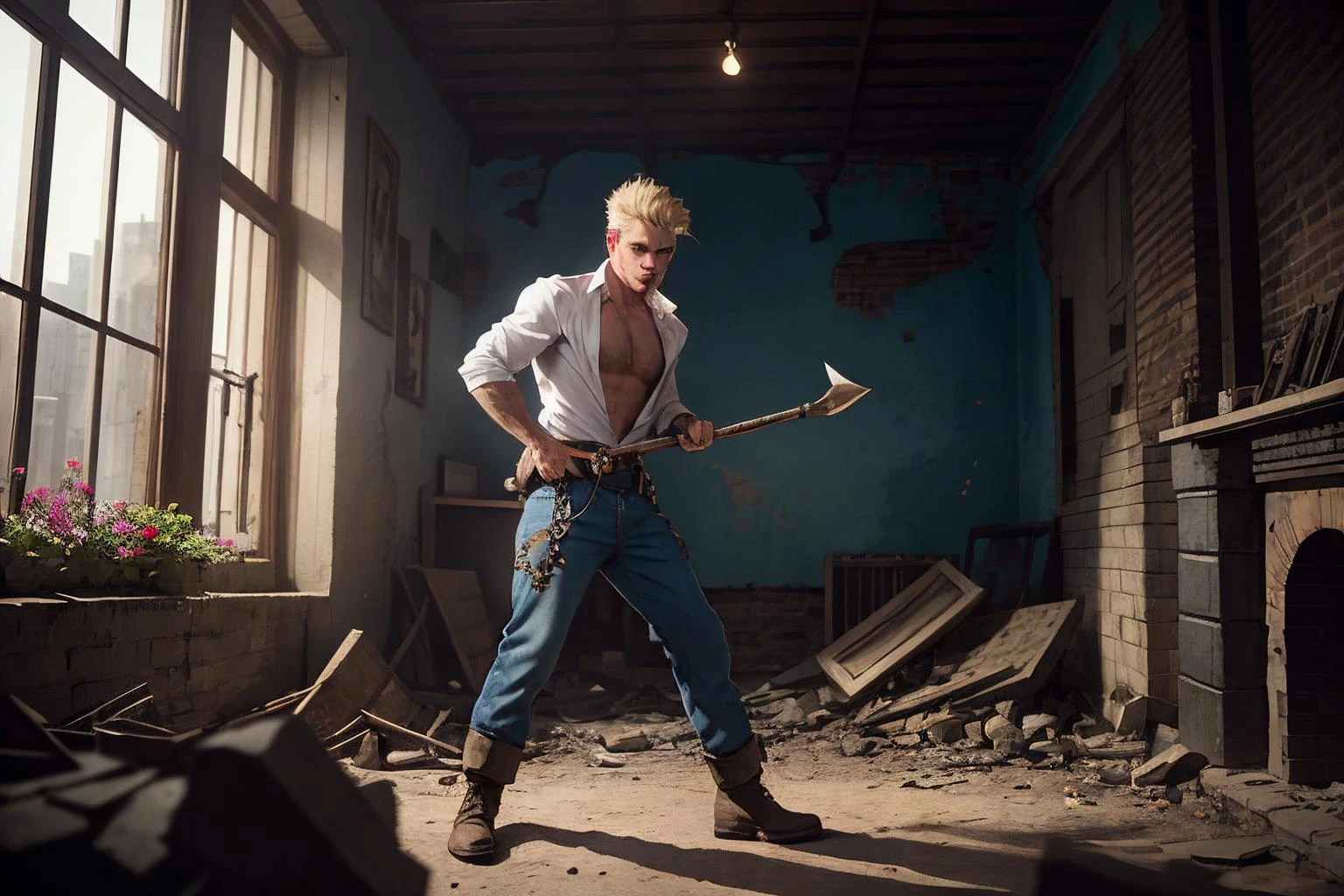 an awarded profesional photography of (1man:1.3) dragon with ice blue eyes with male Curly High Top Fade hair hairstyle and clean shaven in medium blonde color, he is Gardener regretful, handstand in WWII, Bombed-Out Building Interior, Exposed brickwork, rubble, damaged furniture, evidence of previous life ,(epic scene:1.3),ultradetialed character with perfect face,detailed skin,(ultrasharp:1.3),(masterpiece:1.1),best quality,(photorealistic:1.2),ultrarealistic,realistic ultradetailed character,4k perfect quality, <lyco:GoodHands-beta2:1> by by Bill Brandt Reflective Lighting camera angle perspective and cowboy shot Magnificent,Imperceptible detail,Intricately designed, (perfect quality face:1.5) hyper-detailed complex, insanely detailed, detailed clothes, detailed skin, detailed body, , 1man, realistic lights, realistic shadows, profesional photo