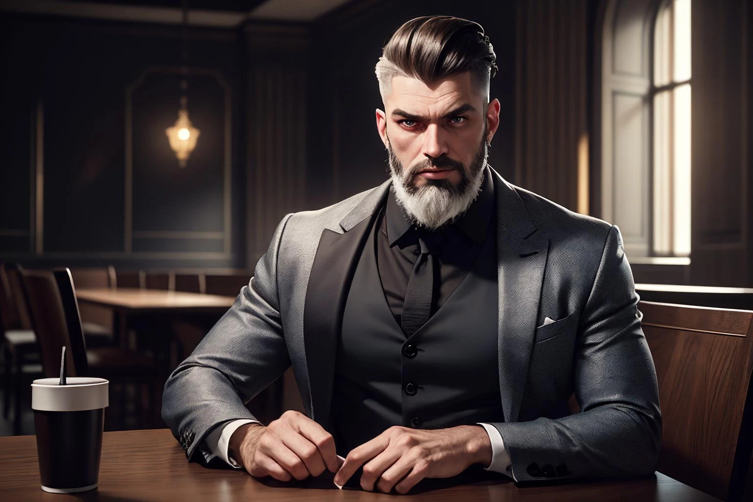 an awarded profesional photography of (1man:1.3) Eastern European with Hazel eyes with male taper fade hairstyle and Bandholz beard in silver color, dressed as Artificer color drain, villain pose in Private Meeting Rooms: Along one side of the cafe, discreet private meeting rooms are available for business discussions or intimate gatherings. Each room is equipped with comfortable seating, a large conference table, and state-of-the-art audiovisual technology to facilitate productive meetings. ,(epic scene:1.3),ultradetialed character with perfect face,detailed skin,(ultrasharp:1.3),(masterpiece:1.1),best quality,(photorealistic:1.2),ultrarealistic,realistic ultradetailed character,4k perfect quality, <lyco:GoodHands-beta2:1> by Jeff Wall Natural Sunlight camera angle from above and very wide shot Magnificent,Imperceptible detail,Intricately designed, (perfect quality face:1.5) hyper-detailed complex, insanely detailed, detailed clothes, detailed skin, detailed body, , 1man, realistic lights, realistic shadows, profesional photo