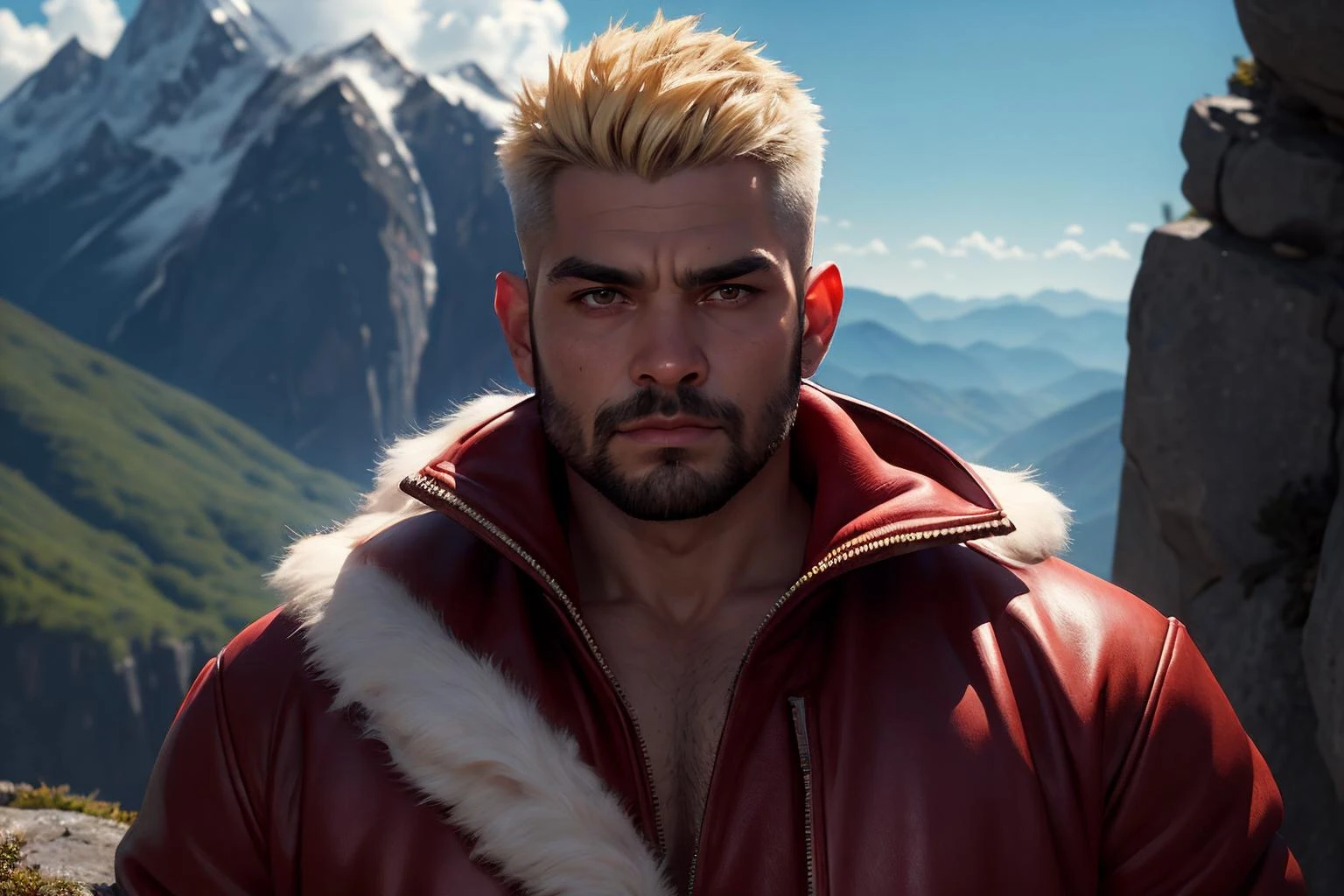 an awarded profesional photography of (1man:1.3) Latino with jade eyes with male short back and sides hairstyle and short boxed beard in Creme Brulee Blonde color, in a Santa costume Determined facial expression, standing with arms crossed in front of body in A mountain scene with a spectacular view from the edge of a high cliff ,(epic scene:1.3),ultradetialed character with perfect face,detailed skin,(ultrasharp:1.3),(masterpiece:1.1),best quality,(photorealistic:1.2),ultrarealistic,realistic ultradetailed character,4k perfect quality, <lyco:GoodHands-beta2:1> by Wim Wenders Architectural Lighting camera angle from below and very wide shot Magnificent,Imperceptible detail,Intricately designed, (perfect quality face:1.5) hyper-detailed complex, insanely detailed, detailed clothes, detailed skin, detailed body, , 1man, realistic lights, realistic shadows, profesional photo