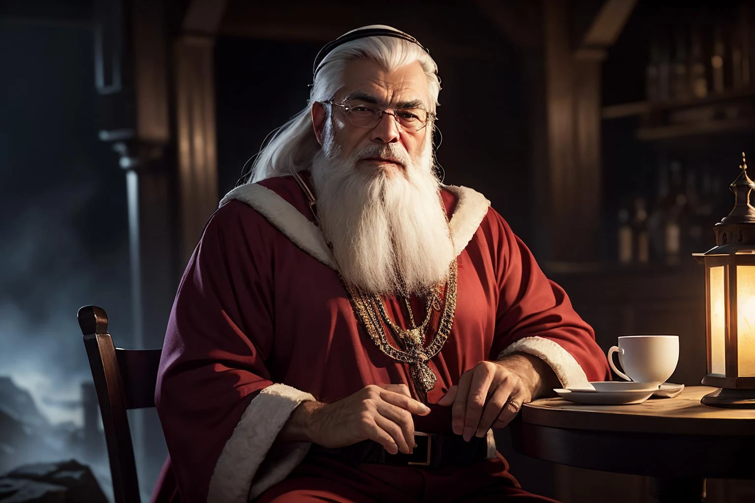 an awarded profesional photography of (1man:1.3) Arab with red eyes with male temp fade hairstyle and mutton chops shaving in mahogany color, in a Santa costume calm, Seated at a quaint caf, she sips tea while elegantly crossing one leg over the other in on a misty mountain path lined with ancient stone lanterns ,(epic scene:1.3),ultradetialed character with perfect face,detailed skin,(ultrasharp:1.3),(masterpiece:1.1),best quality,(photorealistic:1.2),ultrarealistic,realistic ultradetailed character,4k perfect quality, <lyco:GoodHands-beta2:1> by by Alec Soth Firelight camera angle pov and cropped legs Magnificent,Imperceptible detail,Intricately designed, (perfect quality face:1.5) hyper-detailed complex, insanely detailed, detailed clothes, detailed skin, detailed body, , 1man, realistic lights, realistic shadows, profesional photo